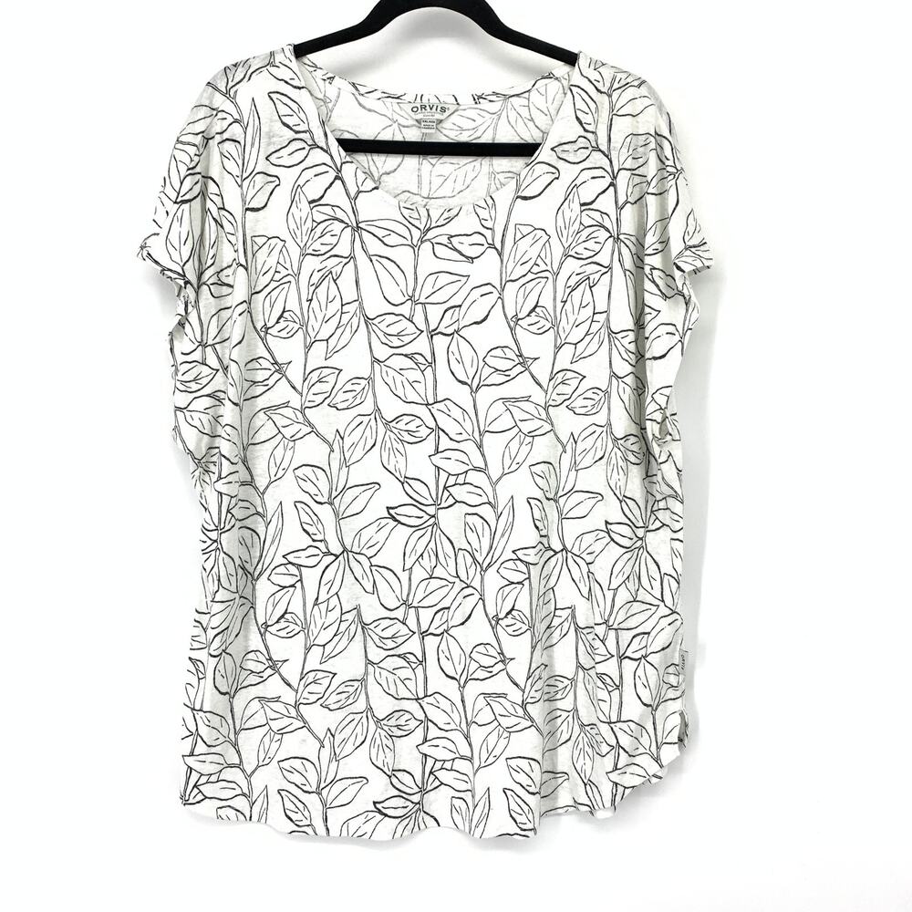 Orvis Short Sleeve Rounded Neck Linen T-Shirt Womens XXL White Black Leaf Print